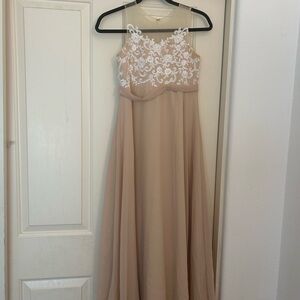 Elegant Beige Gown with White Lace Overlay